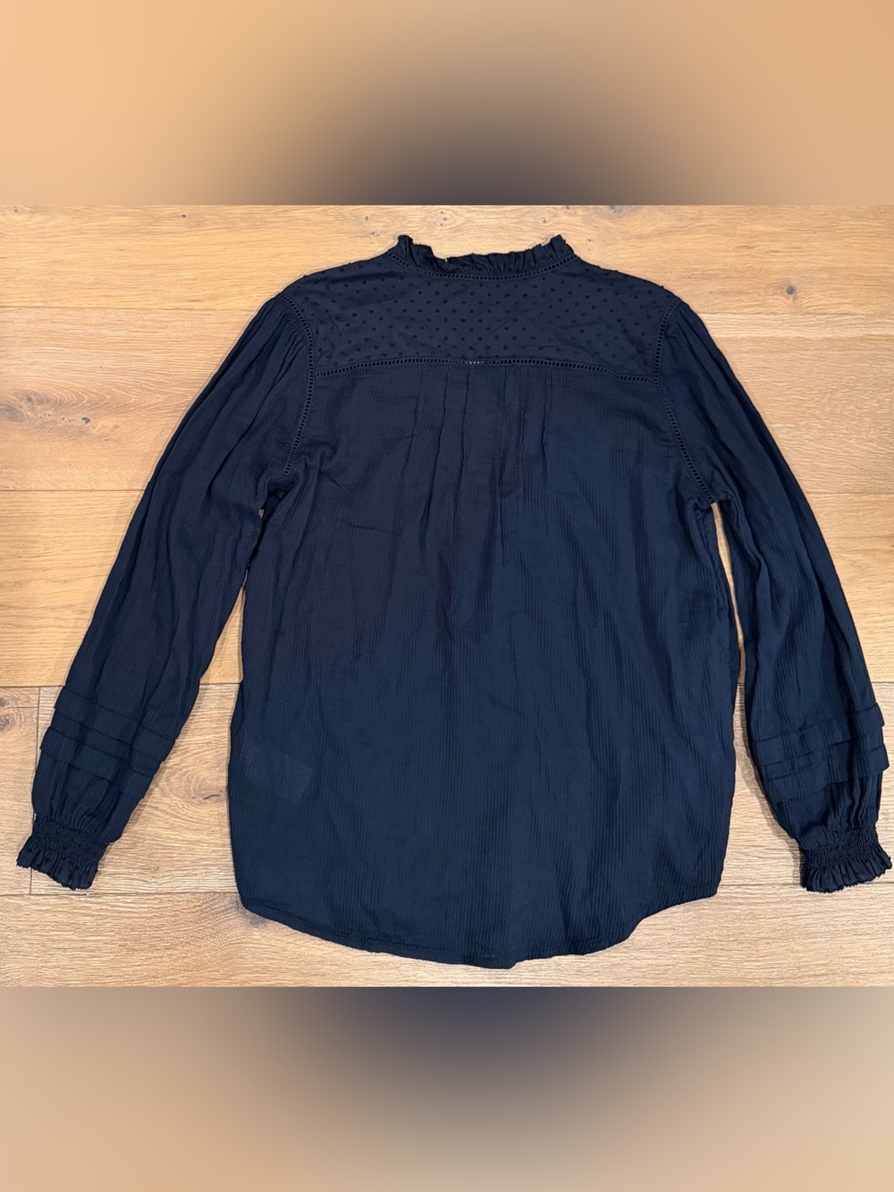 QUINCE Organic Cotton Textured Navy Blue Peasant Blouse Size M - Picture 5 of 10